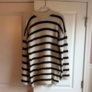 H&M Cream and Black Striped Women’s Crewneck Sweater Dress